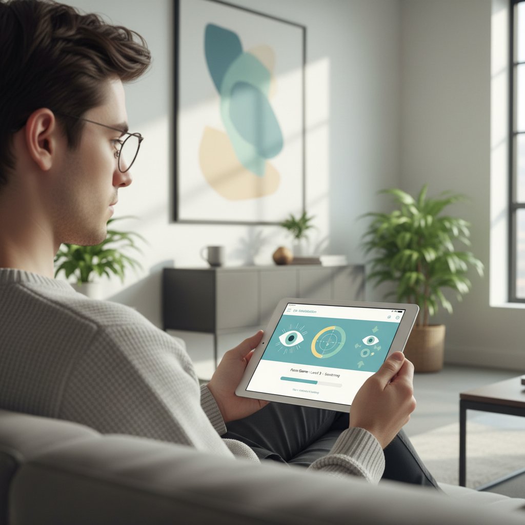 Młody dorosły korzystający z aplikacji rehabilitacyjnej na tablecie w nowoczesnym mieszkaniu, symbol nowoczesnych terapii niedowidzenia