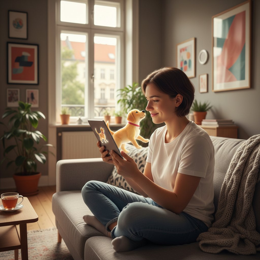 Junge Erwachsene sitzt mit Tablet auf dem Sofa, virtueller Hund auf Bildschirm, Wohnung in Berlin, emotionale Verbundenheit, digitale Tiere zur Unterstützung