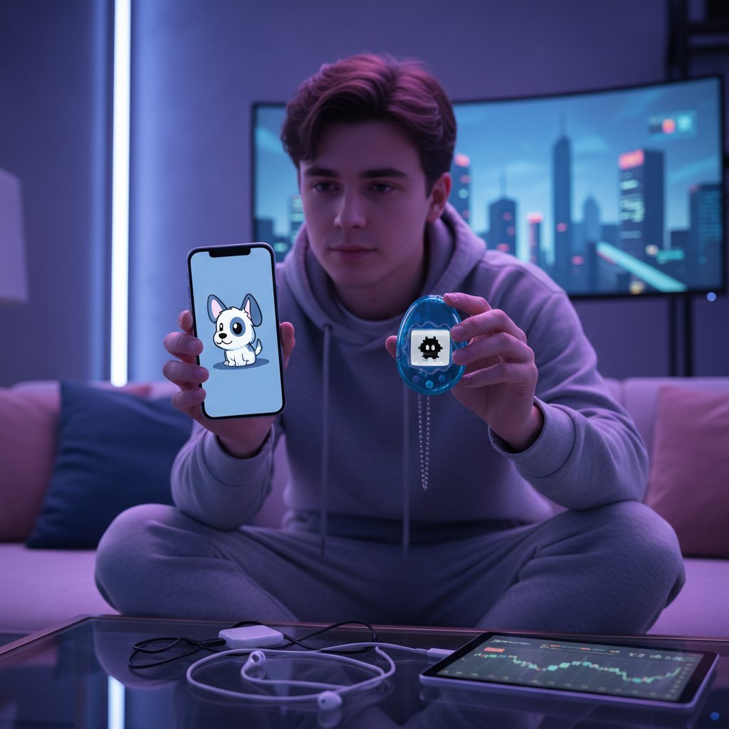 Współczesny młody dorosły trzymający stare Tamagotchi obok nowoczesnego smartfona z aplikacją wirtualnego psa, słowa kluczowe: historia cyfrowych psów, ewolucja, technologia