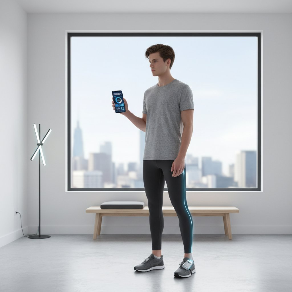 Młody dorosły testujący inteligentne wkładki do butów z aplikacją na telefon, nowoczesny styl