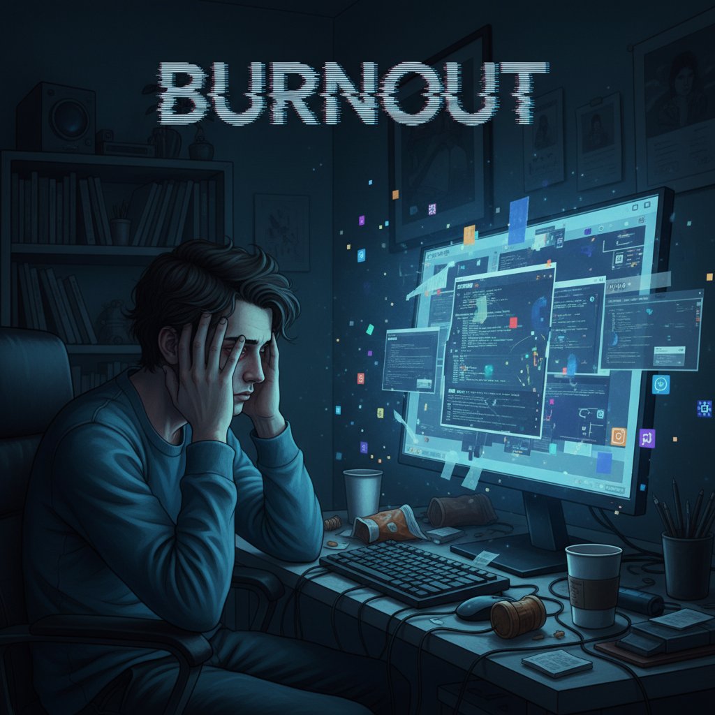 Młoda osoba zmęczona, siedząca przed ekranem komputera z wyraźnym znużeniem cyfrowym