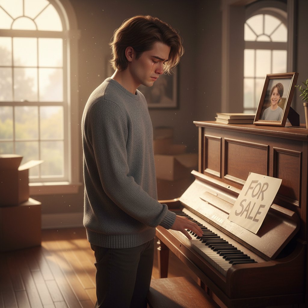 Młoda osoba patrzy z emocjami na stary fortepian, promienie słońca wpadają przez okno – symbol decyzji o sprzedaży rodzinnego instrumentu