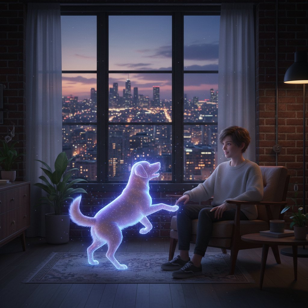 Junge Erwachsene sitzt in moderner Stadtwohnung und blickt nachdenklich auf einen holografischen, virtuellen Hund – Szene bei Dämmerung