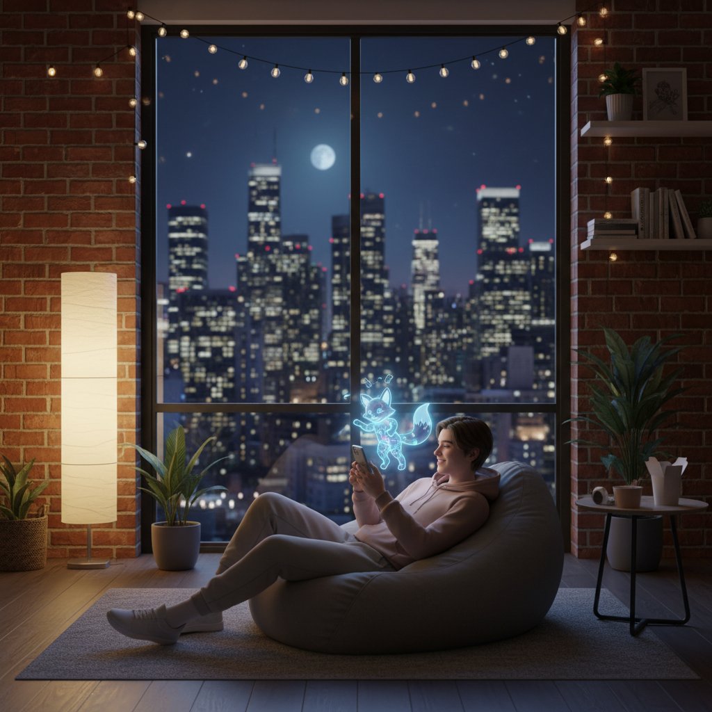 Junge Person tippt nachts auf dem Smartphone, blaues Licht im Gesicht, Fenster mit Stadtblick, symbolisiert digitale Intimität