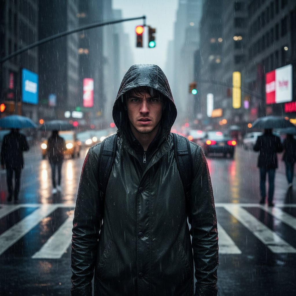 Młody dorosły na skrzyżowaniu w mieście, pół twarzy oświetlone światłami, deszcz, napięcie i odporność