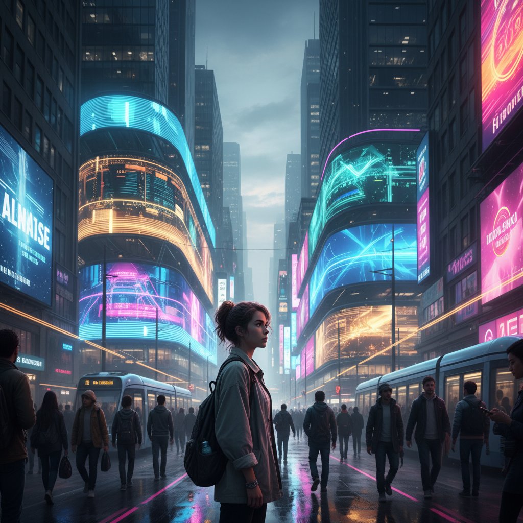 Młoda osoba w miejskiej przestrzeni, połowa twarzy w naturalnym świetle, połowa oświetlona przez ekrany, symbolizująca walkę o higienę psychiczną