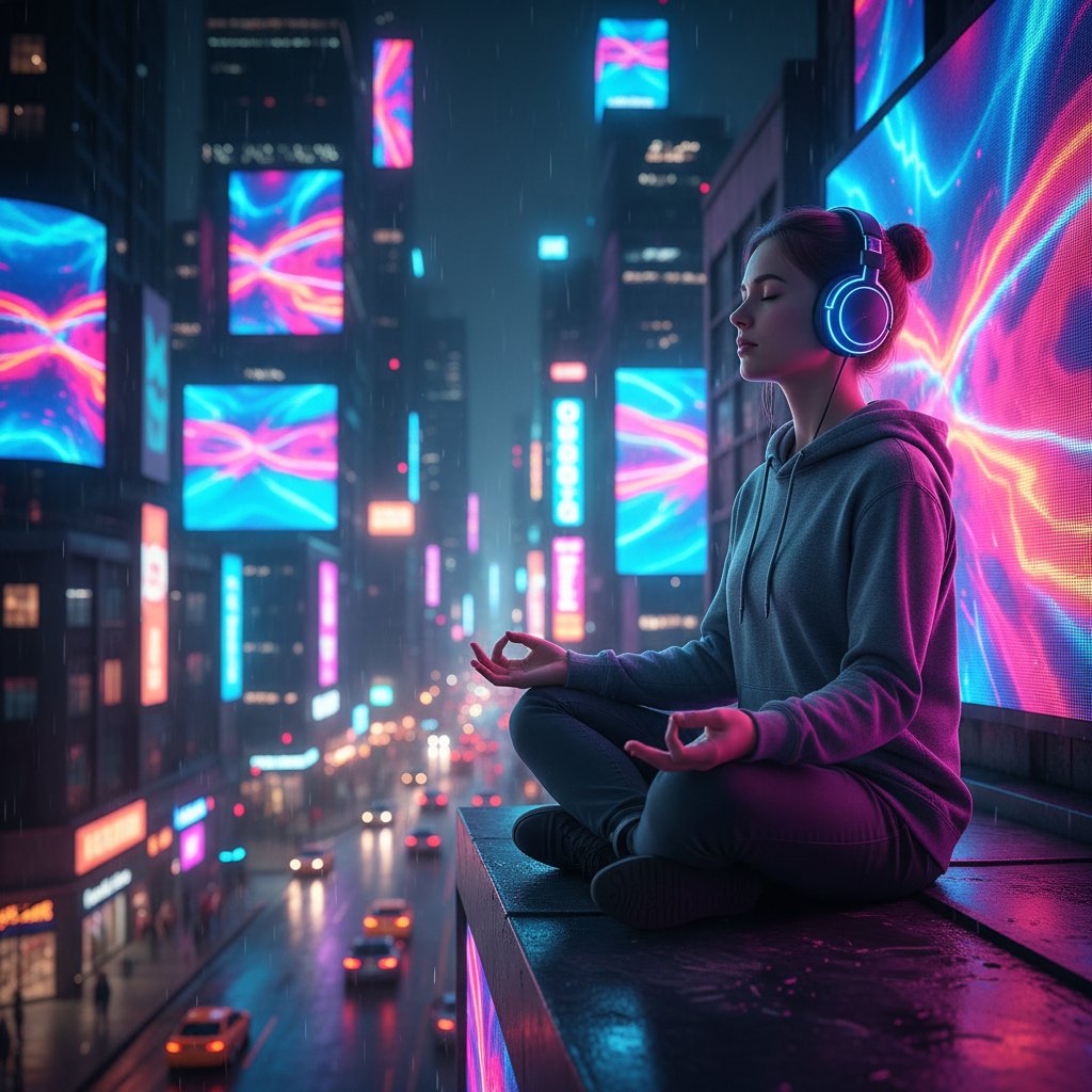 Człowiek medytujący z aplikacją do relaksacji online w nowoczesnym mieszkaniu