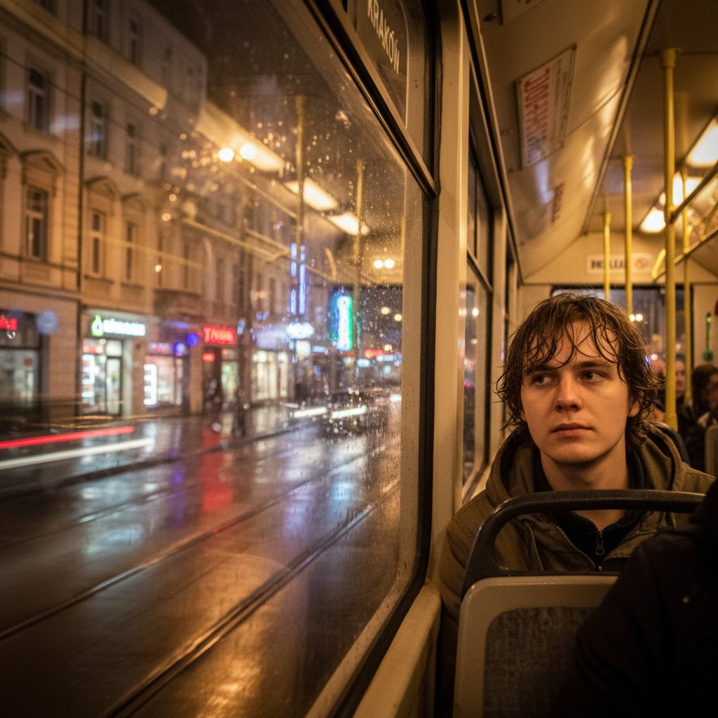 Osoba w tramwaju późnym wieczorem, zamyślona, światła miasta odbijają się w szybie – motyw niepokoju i miejskiego zgiełku
