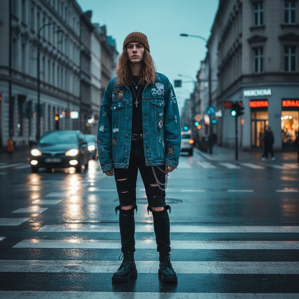 Młoda osoba z wyrazistym ubiorem patrzy przez szybę na rozmyte miasto, symbolizując niedowidzenie i subiektywne postrzeganie świata