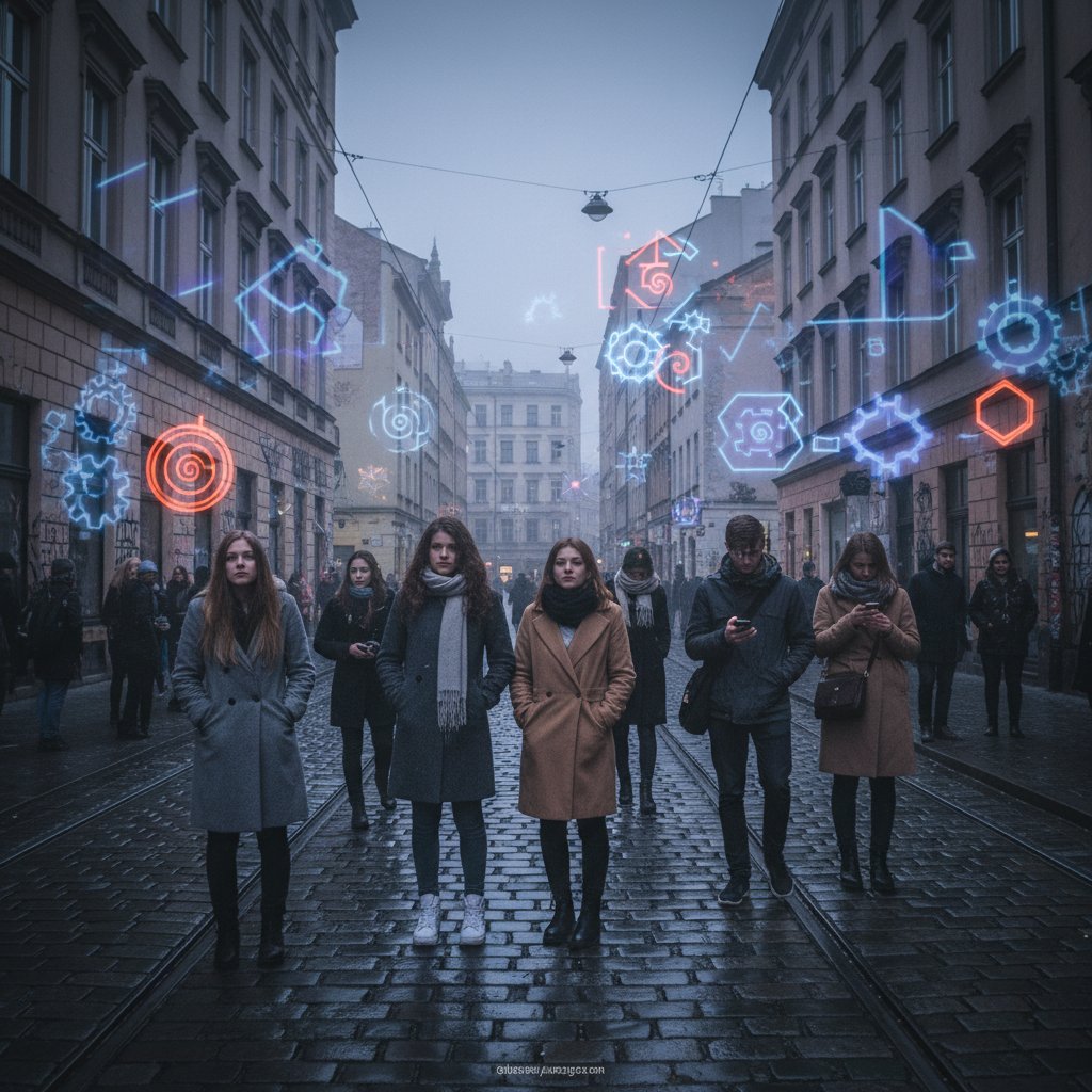 Osoba młoda z autyzmem na tle miejskiego tłumu w Polsce, symboliczne puzzle w tle, kontrastowe światło