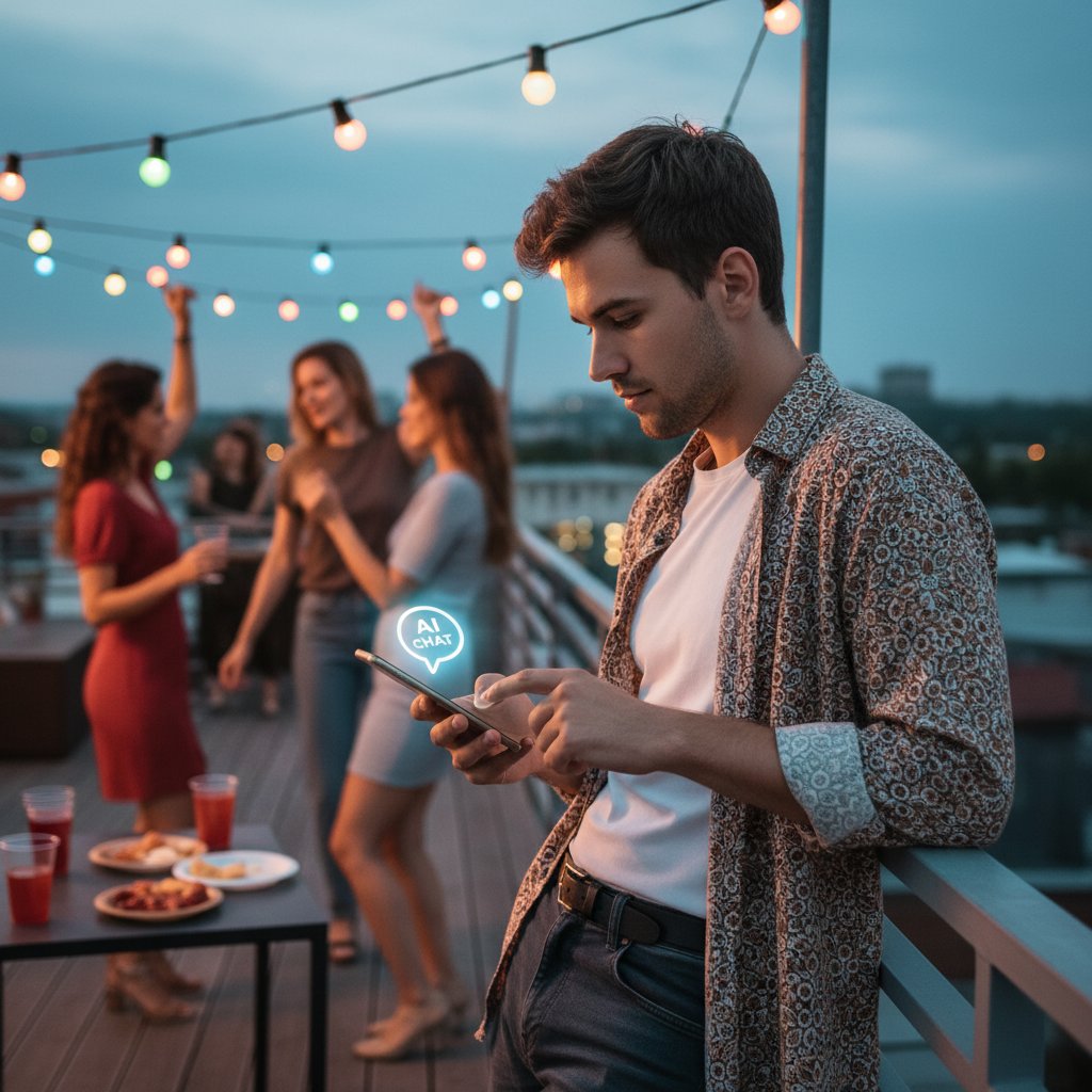Młoda dorosła osoba używa chatbota AI na smartfonie podczas imprezy