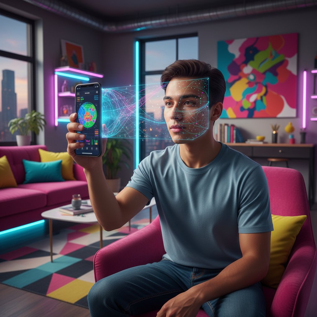 Osoba korzystająca z aplikacji do analizy skóry, twarz skanowana w nowoczesnym mieszkaniu