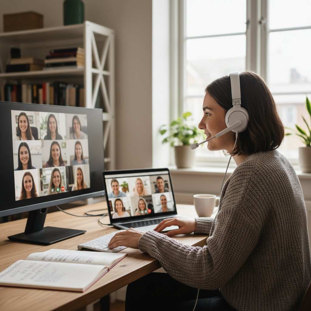Młody dorosły podczas wideorozmowy z native speakerem, komputer, słuchawki, domowe biuro
