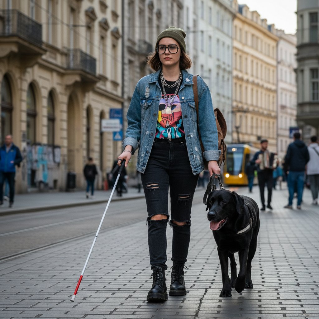 Osoba z problemami wzroku poruszająca się po miejskim otoczeniu w Polsce, wyraźny kontrast światła, realistyczna scena