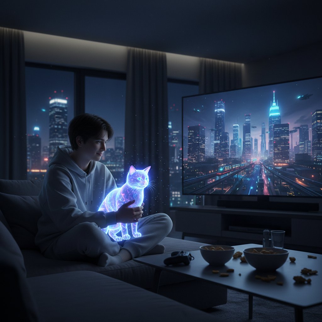Osoba dorosła w warszawskim mieszkaniu rozmawia z wirtualnym kotem, nocne miasto za oknem, atmosfera refleksyjna