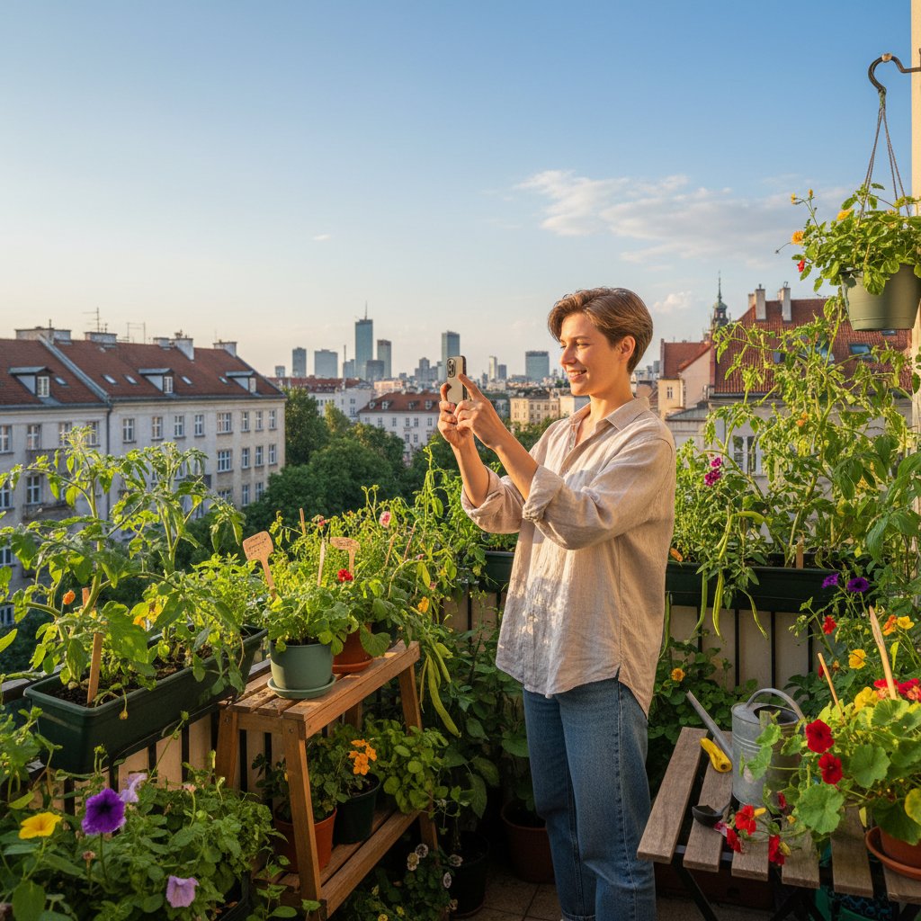 Młoda osoba identyfikuje rośliny na balkonie w Warszawie, korzystając z aplikacji do rozpoznawania roślin