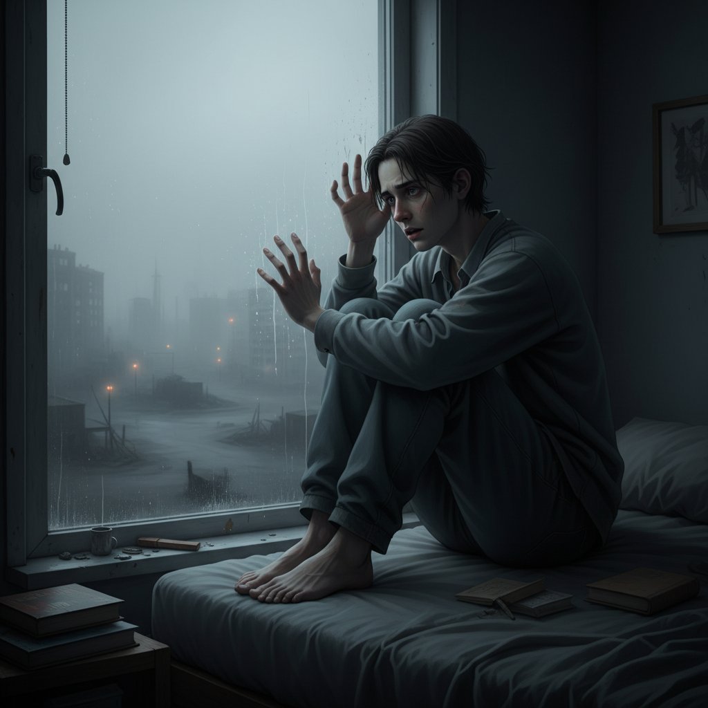 Młoda osoba z niepewnym wyrazem twarzy patrząca przez okno, symbolizująca osobowość unikającą oraz lęk przed odrzuceniem