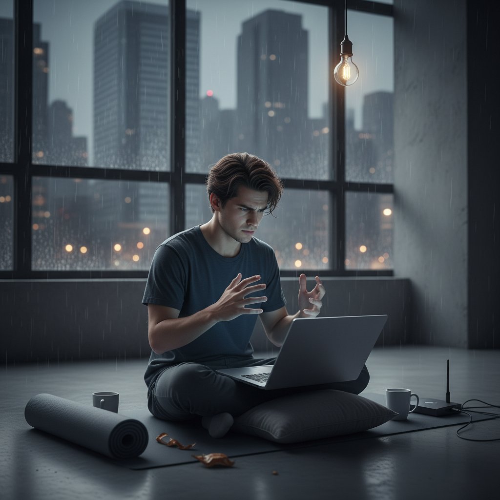 Osoba ćwicząca w małym mieszkaniu, patrząca na laptop, zmagająca się z brakiem motywacji, światło laptopa kontrastuje z ciemnym wnętrzem