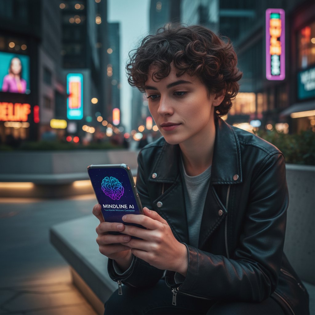 Nowoczesne wsparcie AI – młoda osoba korzystająca z aplikacji psychoterapeutycznej, miejski styl