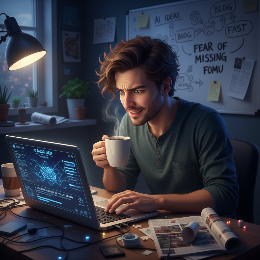Zdjęcie młodej osoby w okularach, zainspirowanej i jednocześnie zaniepokojonej patrzącej na ekran komputera, symbolizującej FOMO związane z AI w blogowaniu