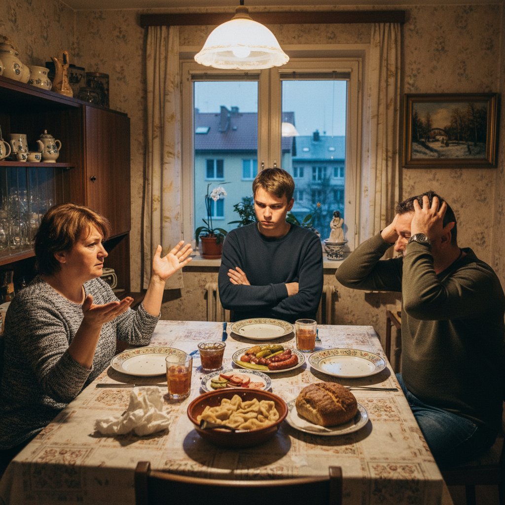Kłótnia młodego dorosłego z rodzicami przy stole w typowym polskim mieszkaniu, napięta atmosfera