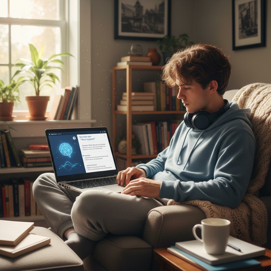 Młody dorosły rozmawiający z AI na laptopie w domu, symbolizujący samodzielną naukę filozofii online