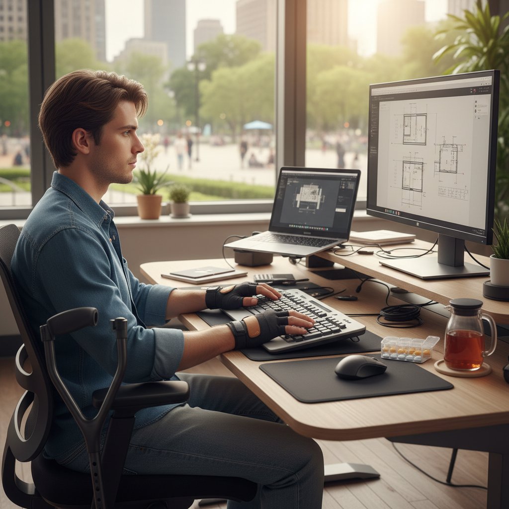 Młody dorosły w pracy, z widocznym wspomaganiem ruchu