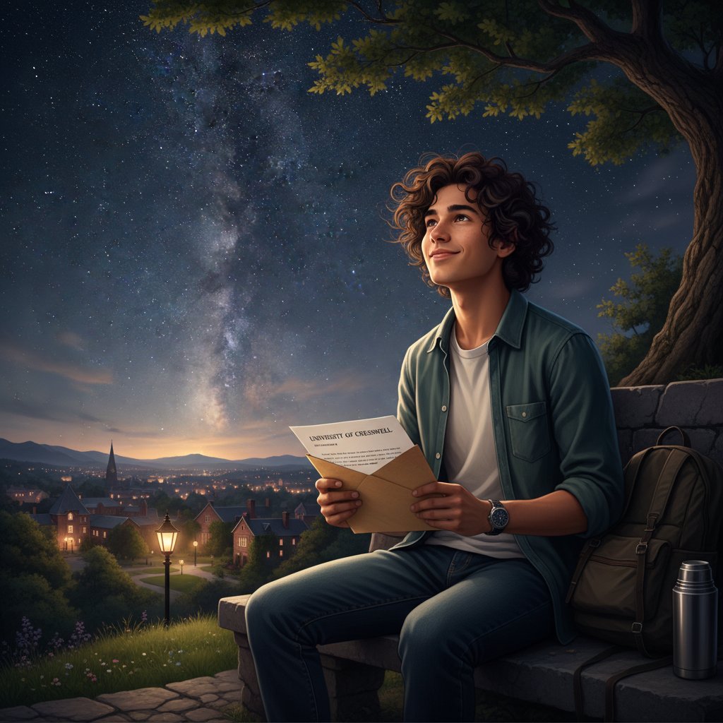 Młoda osoba z listem z uczelni patrząca w gwiazdy, wybór studiów z astrologią