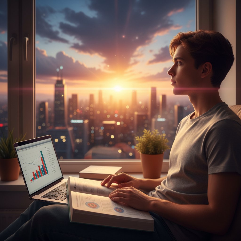Młoda osoba z książką do biologii i laptopem patrzy przez okno na miasto o zmierzchu, inspiracja, nadzieja, złota godzina