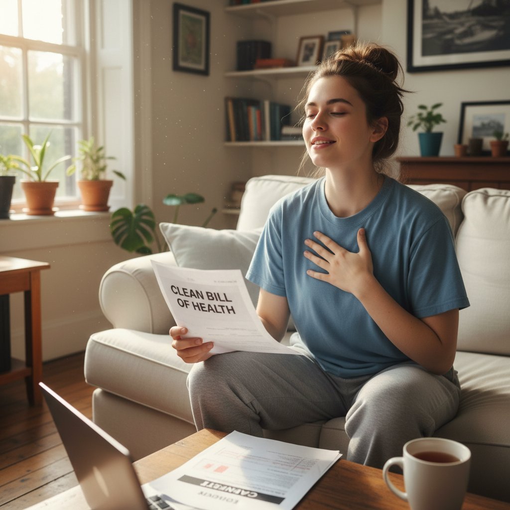 Użytkownik analizuje wynik testu zdrowotnego online, ulga w domu, raport medyczny na ekranie, miękkie światło