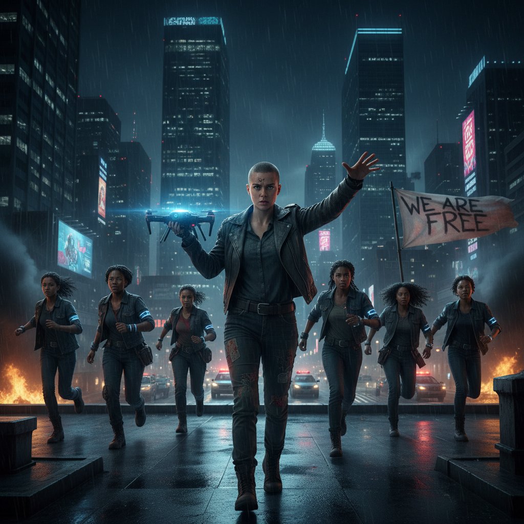 Close-up of a young protagonist mid-rebellion in an urban night setting, dramatic lighting, keywords: young adult movie protagonist rebellion