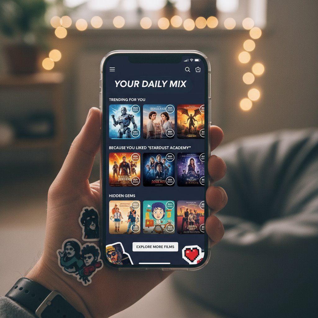 Close-up of a hand holding a phone with a young adult movie recommendation app open, energetic vibe, keywords: young adult movie app, personalized recommendations