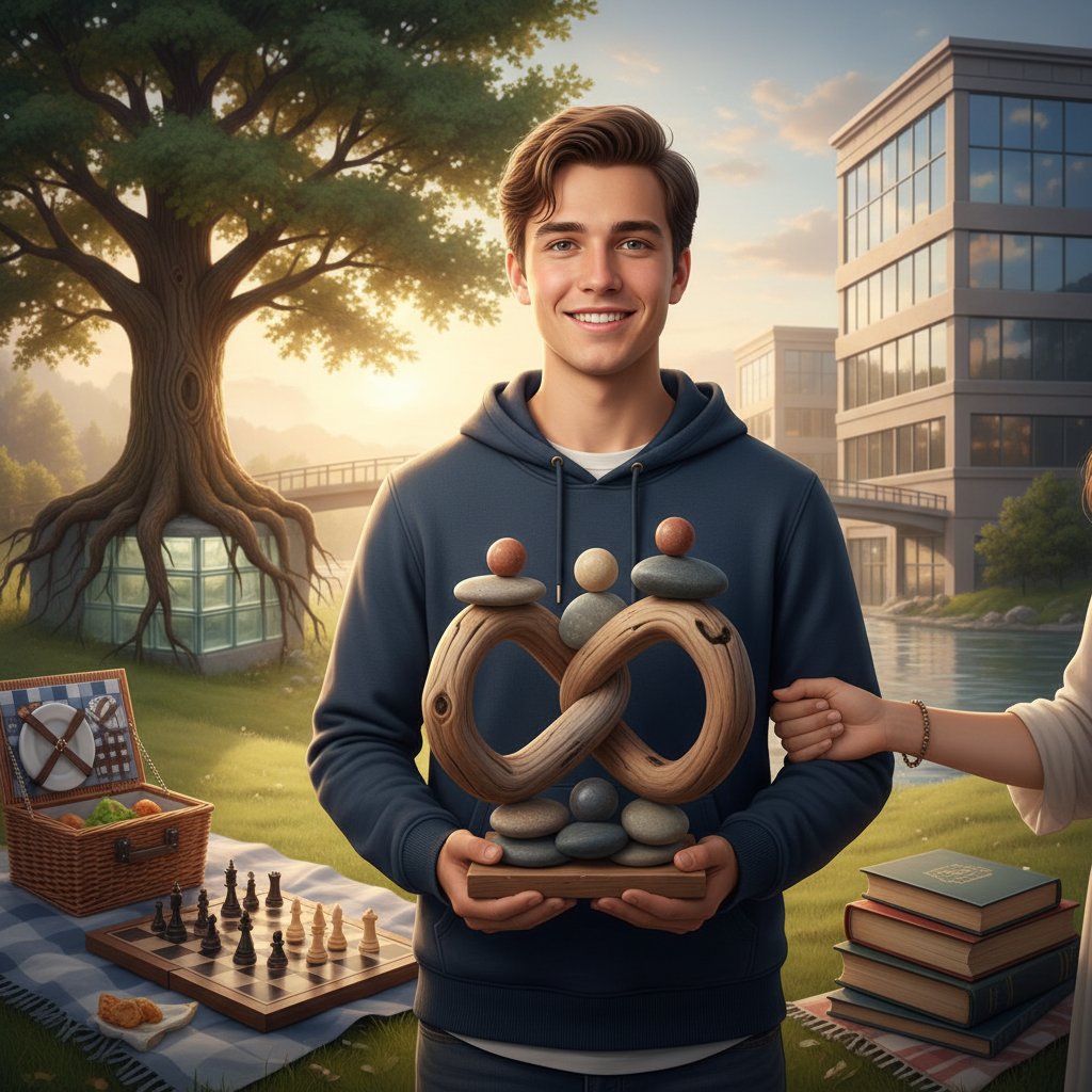 Portret dorosłego dziecka z symbolicznymi przedmiotami z obu rodzin biologicznych, patchwork i tożsamość