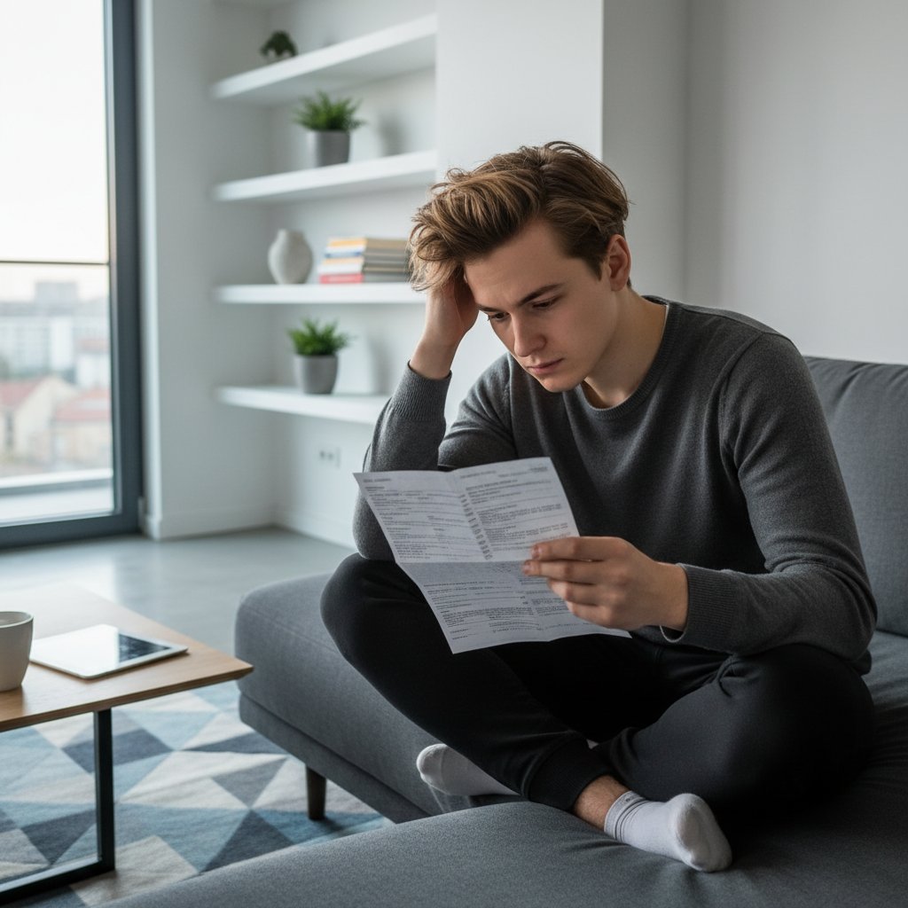 Młoda osoba czyta ulotkę leku w nowoczesnym polskim mieszkaniu, zamyślona atmosfera