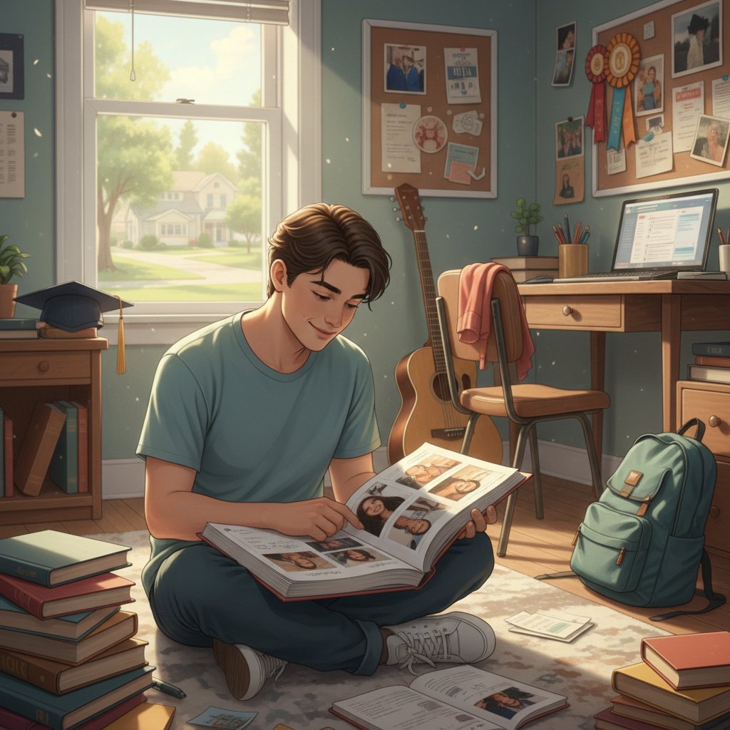Young adult reflecting on school yearbook, smiling and thoughtful, bedroom setting, nostalgic mood, high school comedy movie influence