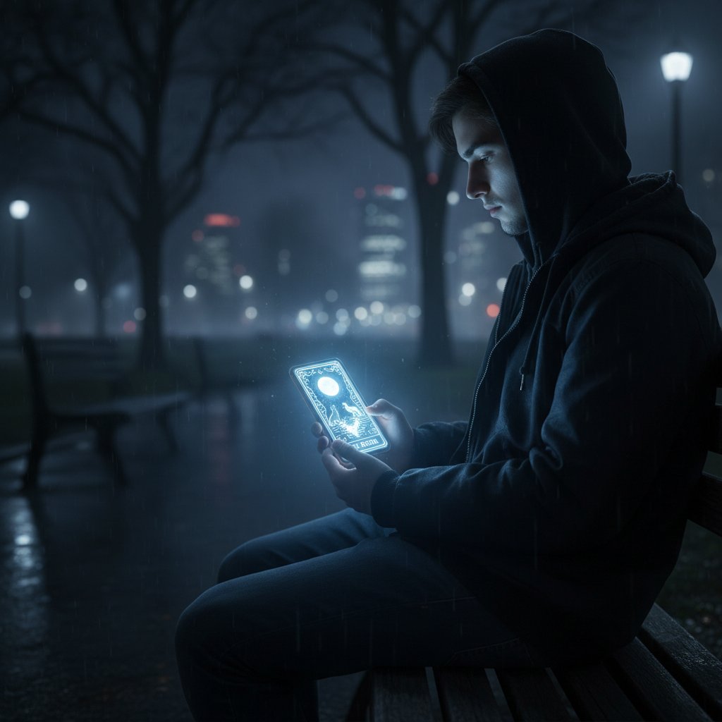 Junger Erwachsener sitzt nachts allein im Zimmer, Smartphone glimmt, digitale Tarotkarte auf Display – Einsamkeit im digitalen Zeitalter