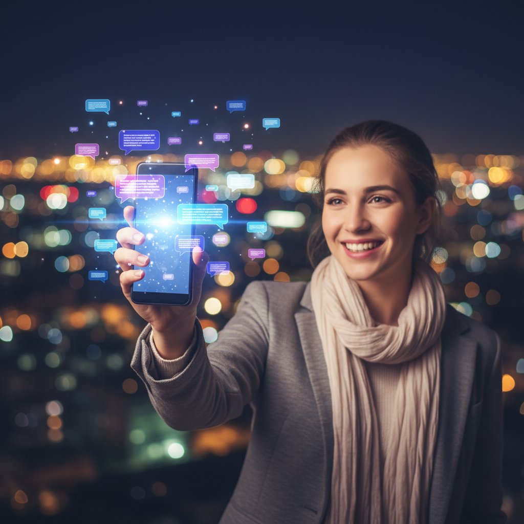 Młoda osoba uśmiechająca się do smartfona z cyfrowymi dymkami rozmów