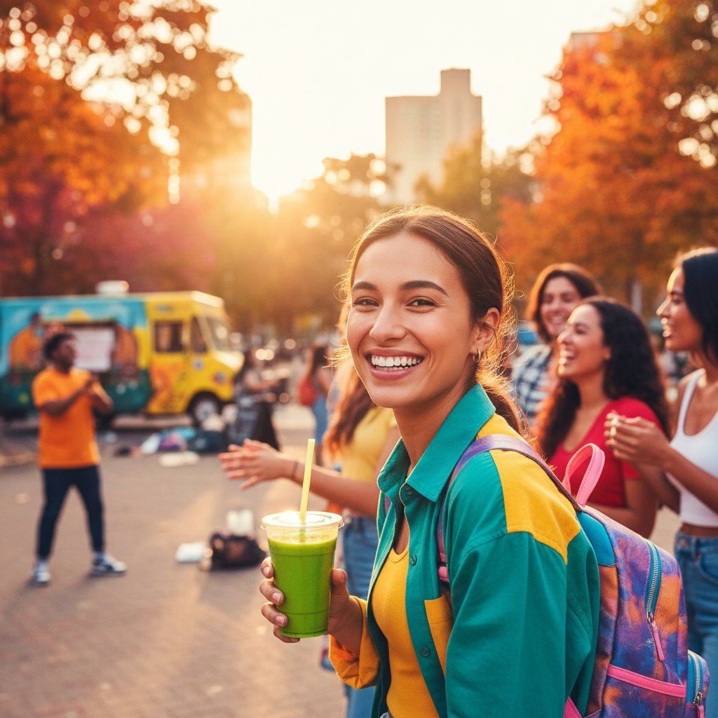Młoda osoba z uśmiechem i dyskretną protezą zębową