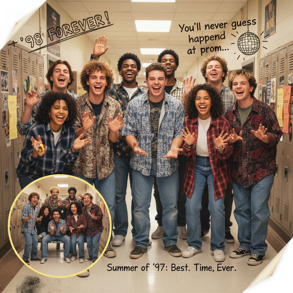 Young adult smiling at a high school yearbook, lost in memories, evoking the deep nostalgia triggered by growing pains comedies.