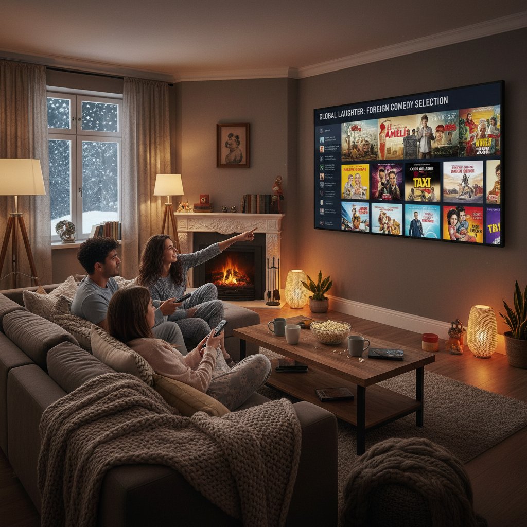 Young adults scrolling past foreign movie titles, hesitant to try international comedies, streaming on a cozy living room TV