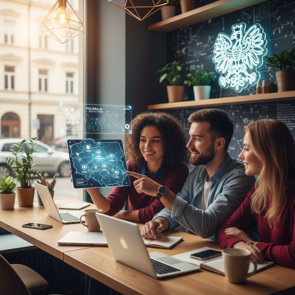 Grupa młodych dorosłych rozmawia w kawiarni, obok nich urządzenia z aplikacją AI – Polska scena cyfrowa