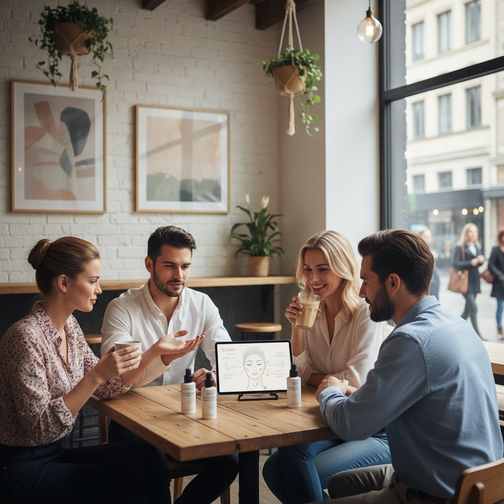 Młodzi dorośli rozmawiający o laseroterapii w kawiarni, luźna atmosfera, nowoczesny styl życia