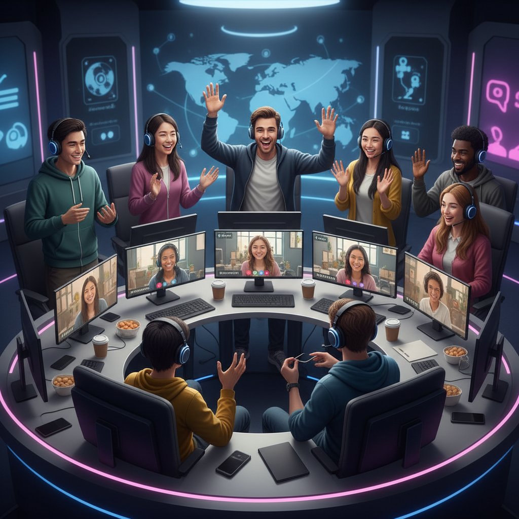 Młodzi dorośli siedzący przy komputerach w klimatycznym pomieszczeniu, rozmawiający online z osobami z innych krajów – scena symbolizująca międzynarodowe niszowe fora