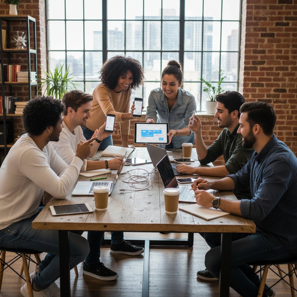 Grupa młodych dorosłych w przestrzeni coworkingowej, smartfony, tablety, wspólna nauka