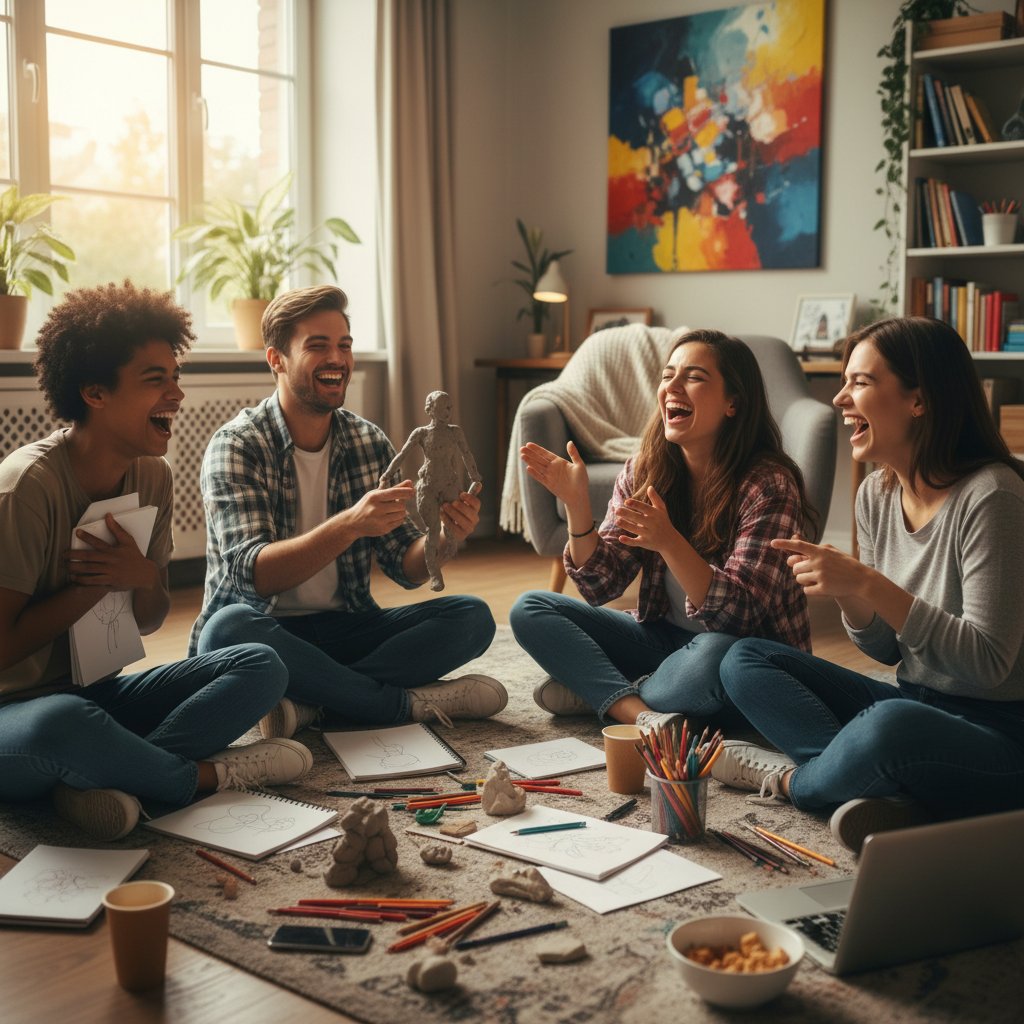 Młodzi dorośli śmiejący się podczas kreatywnej rozmowy na podłodze