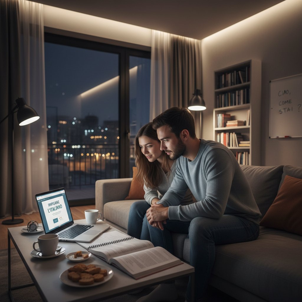 Młodzi dorośli uczący się włoskiego online w nowoczesnym apartamencie w Polsce, nocą, fokus na laptopy