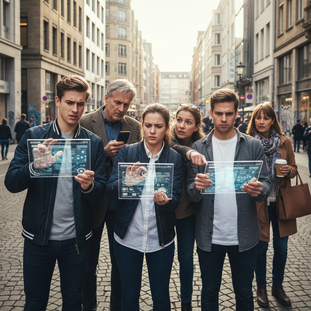 Junge Erwachsene und Berufstätige nutzen digitale Geräte zur psychoedukativen Information in urbaner Umgebung, Skepsis und Neugier im Ausdruck