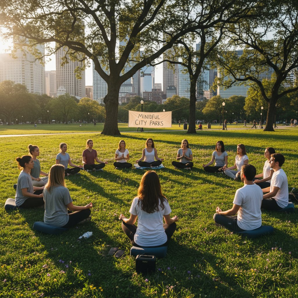 Grupa młodych dorosłych podczas wspólnej sesji mindfulness w miejskim parku – autentyczność, skupienie, różnorodność.