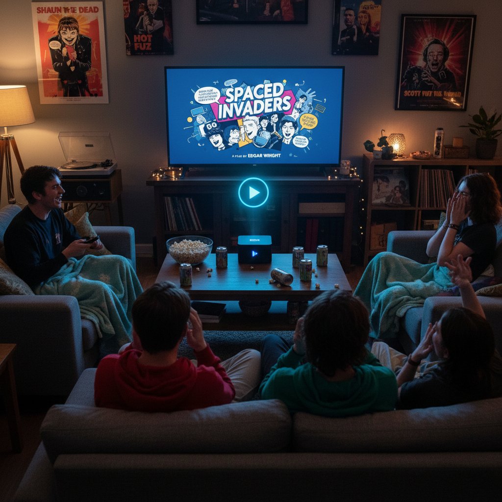 Young adults watching movie at home, streaming device, edgar wright movies audience engagement