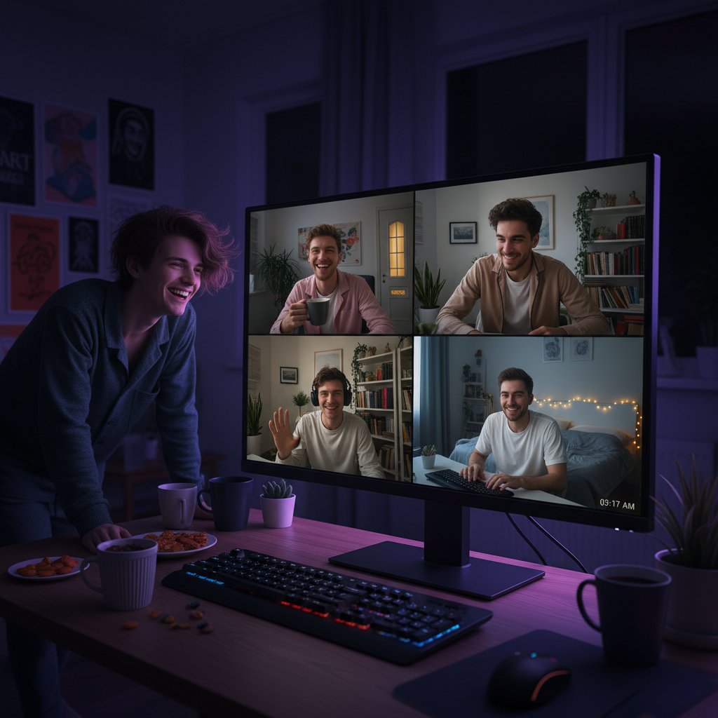 Grupa młodych ludzi rozmawia przez internet w nocy przy laptopie i smartfonie